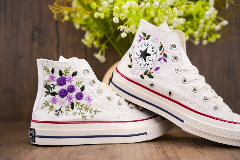 Purple Rose Converse Chuck Taylor Embroidered, Hand Embroidered Converse Custom Wedding Flowers