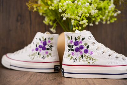 Purple Rose Converse Chuck Taylor Embroidered, Hand Embroidered Converse Custom Wedding Flowers