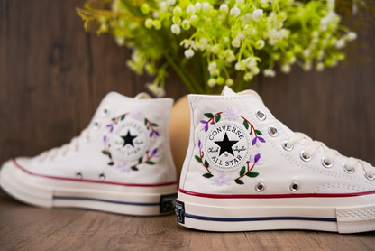 Purple Rose Converse Chuck Taylor Embroidered, Hand Embroidered Converse Custom Wedding Flowers