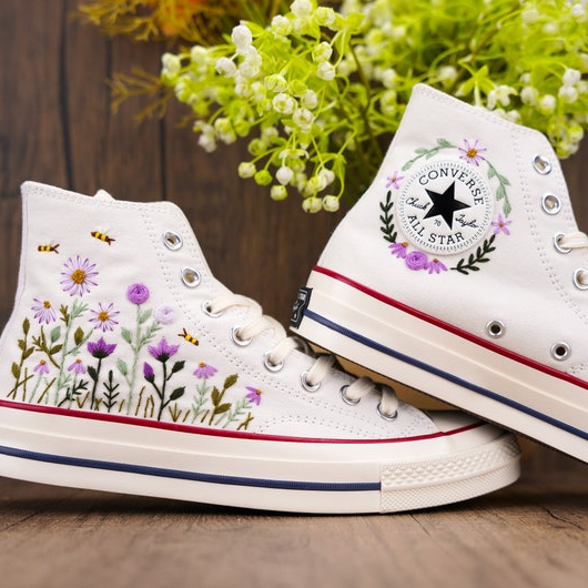 Purple Floral And Bee Converse Chuck Taylor Embroidered, Hand Embroidered Converse Custom Wedding Flowers