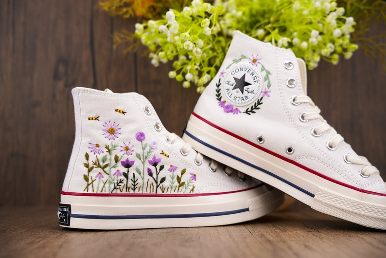 Purple Floral And Bee Converse Chuck Taylor Embroidered, Hand Embroidered Converse Custom Wedding Flowers