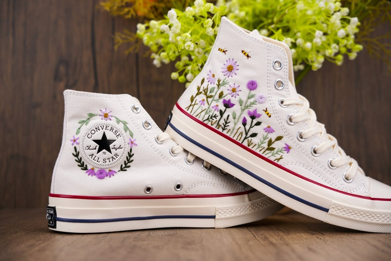 Purple Floral And Bee Converse Chuck Taylor Embroidered, Hand Embroidered Converse Custom Wedding Flowers