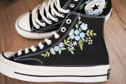 Custom Converse Chuck Taylor Embroidered, Blue Rose Flower Hand Embroidered Converse, Custom Wedding Shoes