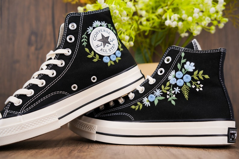 Custom Converse Chuck Taylor Embroidered, Blue Rose Flower Hand Embroidered Converse, Custom Wedding Shoes