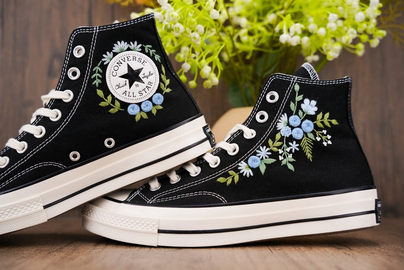 Custom Converse Chuck Taylor Embroidered, Blue Rose Flower Hand Embroidered Converse, Custom Wedding Shoes