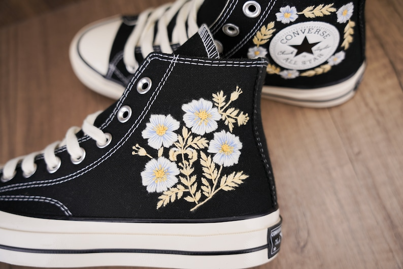 Custom Black Converse Chuck Taylor Embroidered, White Flower Hand Embroidered Converse, Custom Wedding Shoes