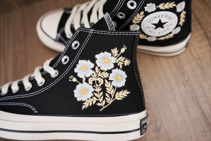 Custom Black Converse Chuck Taylor Embroidered, White Flower Hand Embroidered Converse, Custom Wedding Shoes