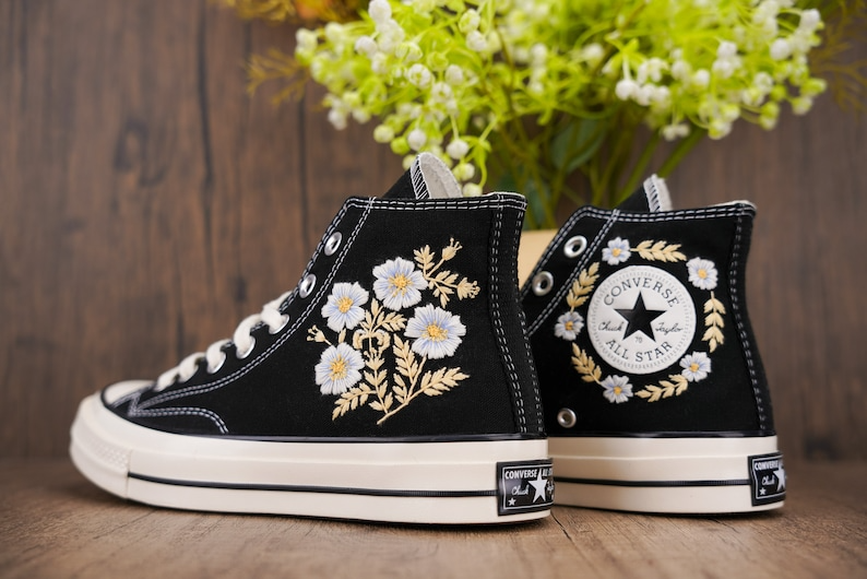 Custom Black Converse Chuck Taylor Embroidered, White Flower Hand Embroidered Converse, Custom Wedding Shoes