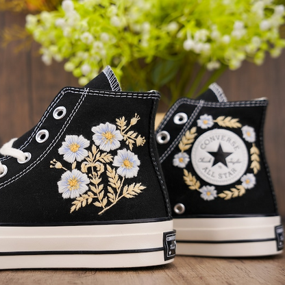 Custom Black Converse Chuck Taylor Embroidered, White Flower Hand Embroidered Converse, Custom Wedding Shoes