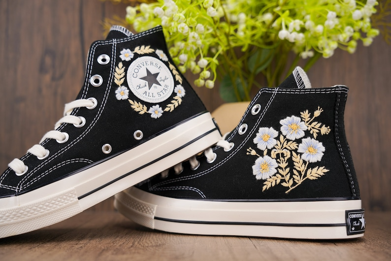 Custom Black Converse Chuck Taylor Embroidered, White Flower Hand Embroidered Converse, Custom Wedding Shoes