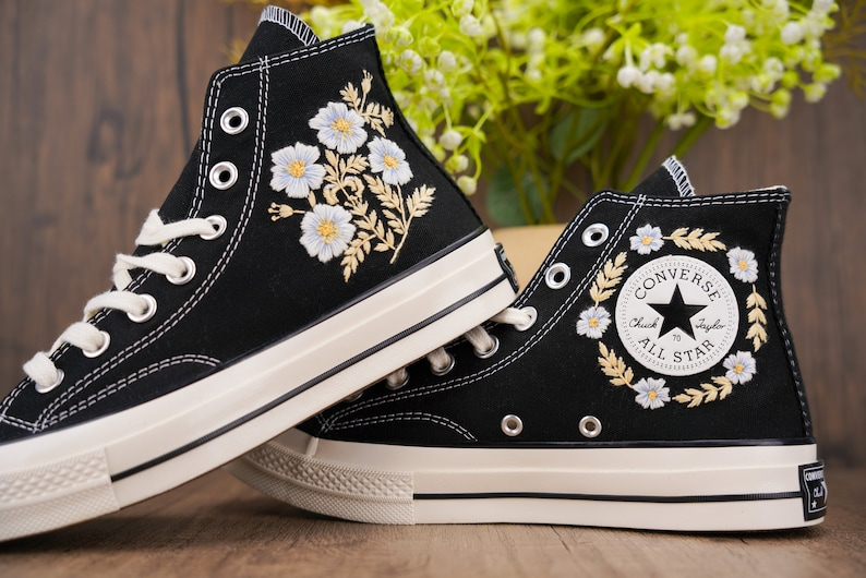 Custom Black Converse Chuck Taylor Embroidered, White Flower Hand Embroidered Converse, Custom Wedding Shoes