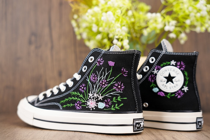 Custom Black Converse Chuck Taylor Embroidered, Purple Wildflower Hand Embroidered Converse