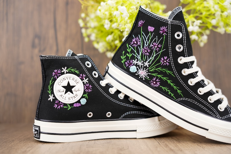 Custom Black Converse Chuck Taylor Embroidered, Purple Wildflower Hand Embroidered Converse