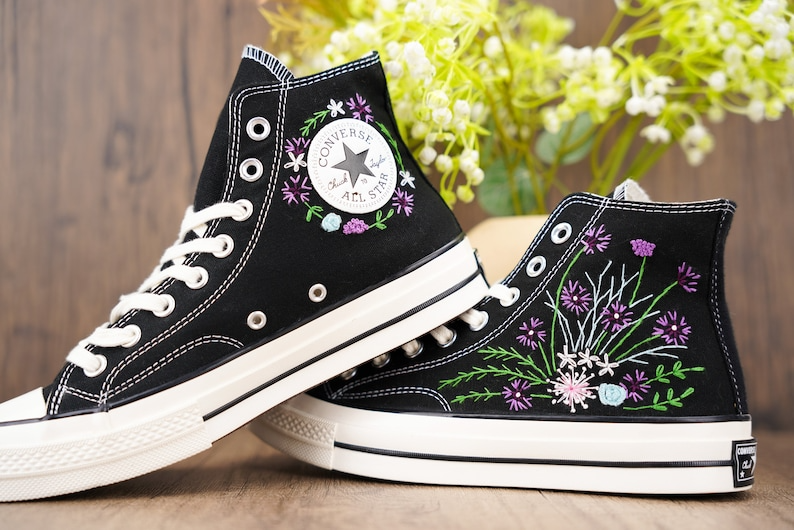 Custom Black Converse Chuck Taylor Embroidered, Purple Wildflower Hand Embroidered Converse