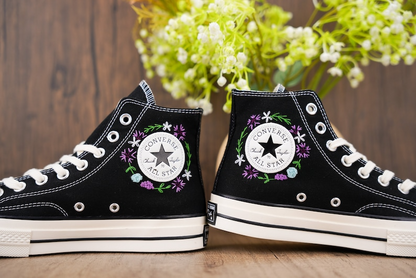 Custom Black Converse Chuck Taylor Embroidered, Purple Wildflower Hand Embroidered Converse