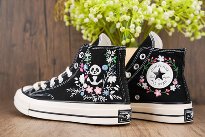 Custom Black Converse Chuck Taylor Embroidered, Panda And Flowers Hand Embroidered Converse