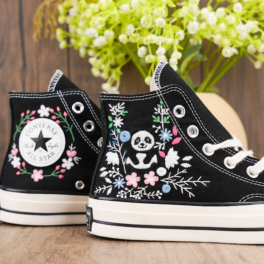 Custom Black Converse Chuck Taylor Embroidered, Panda And Flowers Hand Embroidered Converse