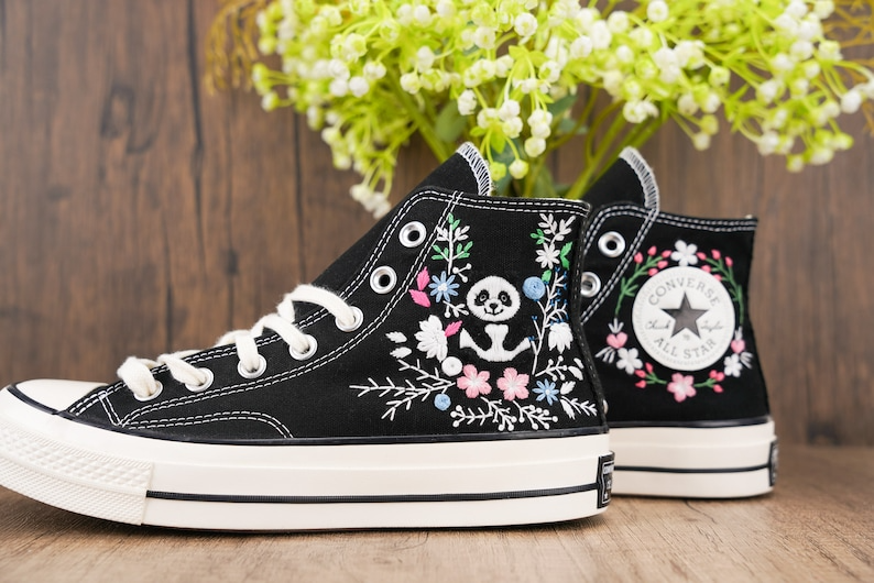 Custom Black Converse Chuck Taylor Embroidered, Panda And Flowers Hand Embroidered Converse