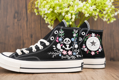 Custom Black Converse Chuck Taylor Embroidered, Panda And Flowers Hand Embroidered Converse