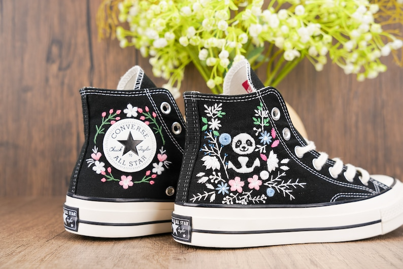 Custom Black Converse Chuck Taylor Embroidered, Panda And Flowers Hand Embroidered Converse