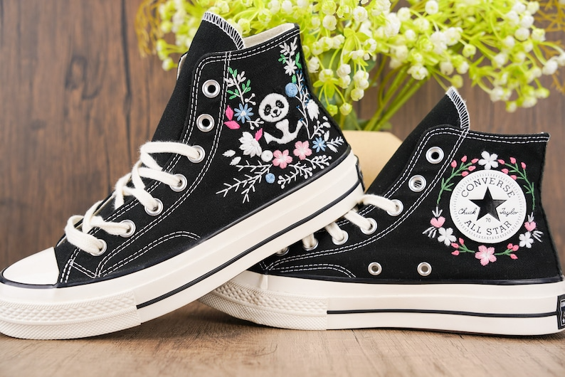 Custom Black Converse Chuck Taylor Embroidered, Panda And Flowers Hand Embroidered Converse