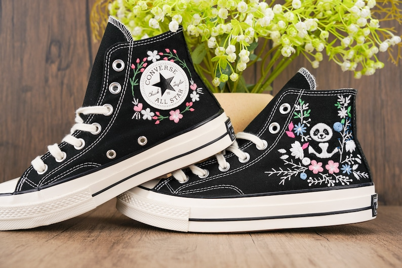 Custom Black Converse Chuck Taylor Embroidered, Panda And Flowers Hand Embroidered Converse