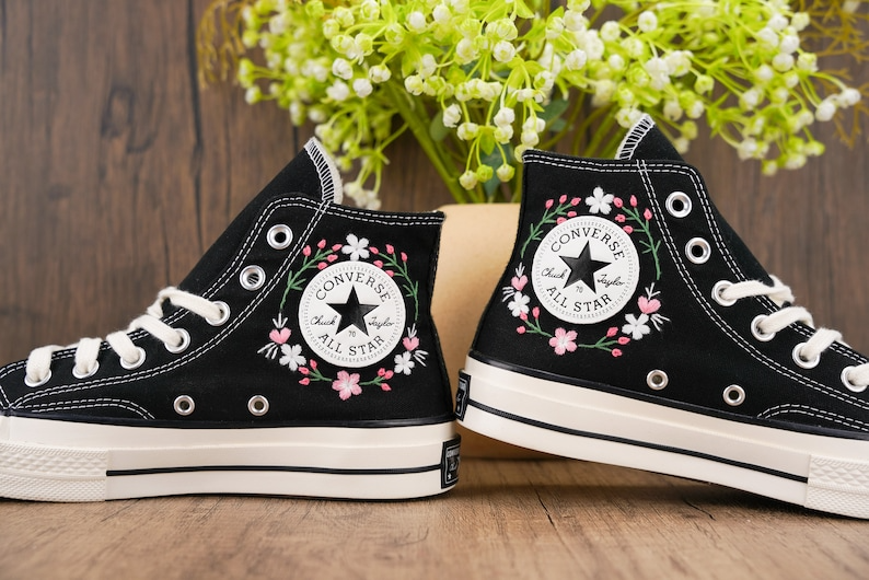 Custom Black Converse Chuck Taylor Embroidered, Panda And Flowers Hand Embroidered Converse