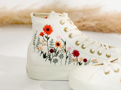 Wedding Sneakers Platform for Bride, Bridal Flower Embroidered Converse Platform, Name and Date Embroidered Shoes, Personalized Bridal Shoes