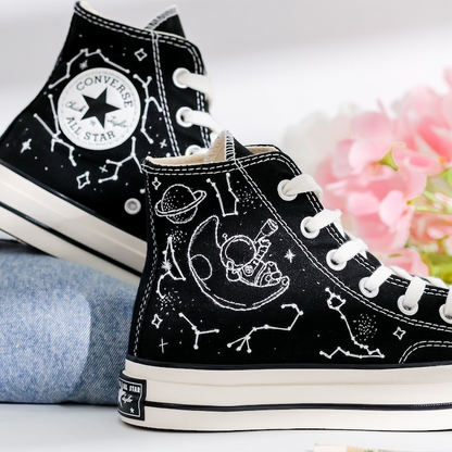 Embroidered Converse, Planet and Zodiac Constellation Embroidered Converse Shoes, Star and Astronaut Embroidered Sneakers, Gifts for Him