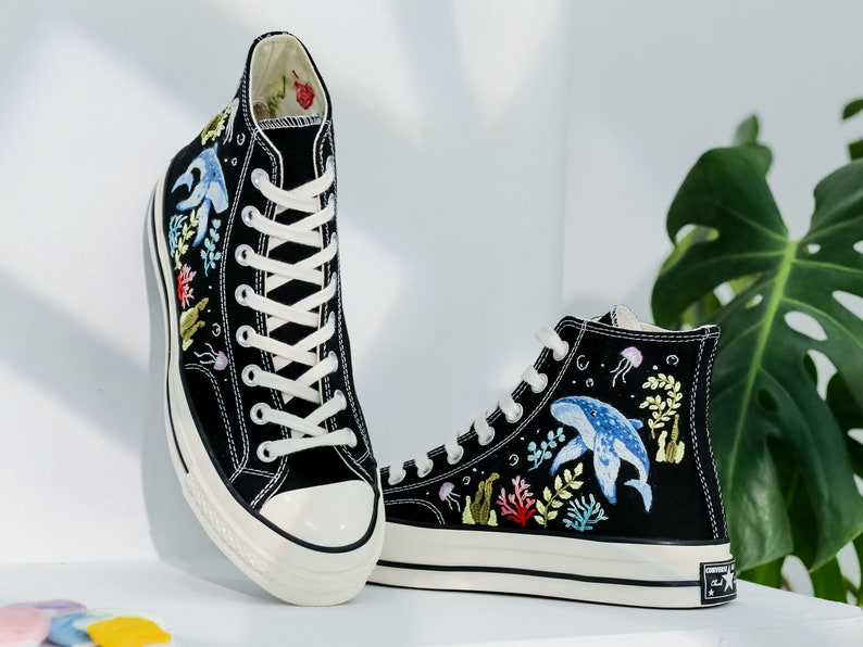 Custom Embroidered Converse, Ocean and Whales Embroidered Shoes, Coral, Whales Embroidered Converse, Jellyfish Embroidered Sneaker for Her