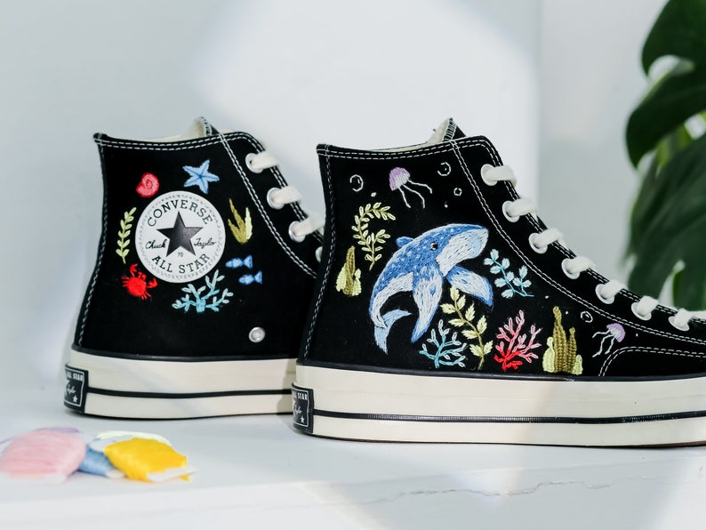 Custom Embroidered Converse, Ocean and Whales Embroidered Shoes, Coral, Whales Embroidered Converse, Jellyfish Embroidered Sneaker for Her