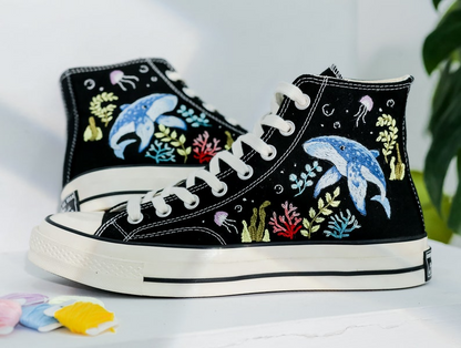 Custom Embroidered Converse, Ocean and Whales Embroidered Shoes, Coral, Whales Embroidered Converse, Jellyfish Embroidered Sneaker for Her