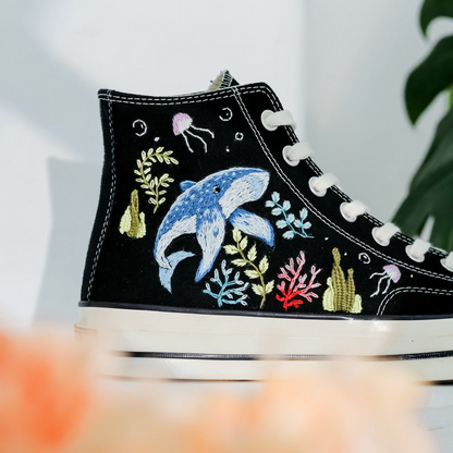 Custom Embroidered Converse, Ocean and Whales Embroidered Shoes, Coral, Whales Embroidered Converse, Jellyfish Embroidered Sneaker for Her