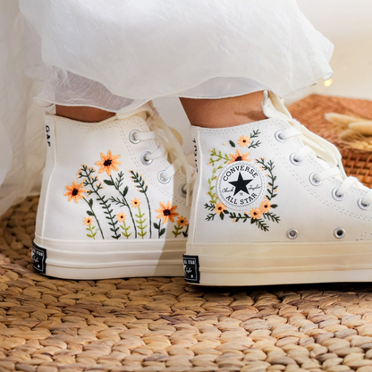 Custom Wedding Converse Embroidered Sunflower for Bride, Wedding Flower Embroidered Shoes, Bridal Flower Embroidered Sneaker Name Embroidery