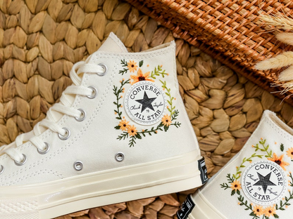 Custom Wedding Converse Embroidered Sunflower for Bride, Wedding Flower Embroidered Shoes, Bridal Flower Embroidered Sneaker Name Embroidery