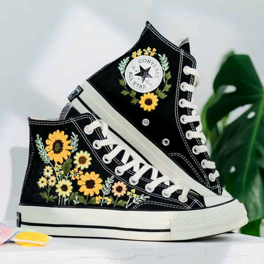 Embroidered Converse Custom, Sunflower Embroidered Shoes, Sunflower Embroidered Converse, Sunflower Embroidered Sneakers, Gifts for Couples