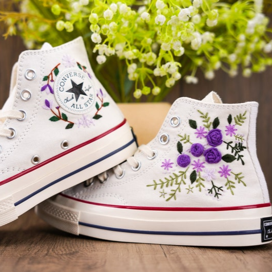 Purple Rose Converse Chuck Taylor Embroidered, Hand Embroidered Converse Custom Wedding Flowers