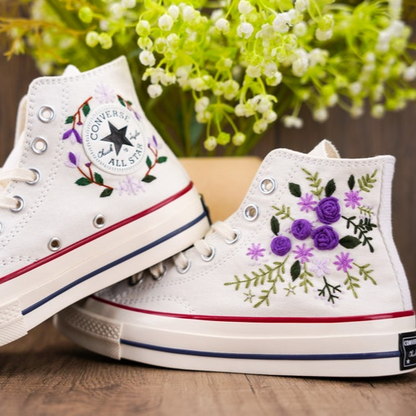 Purple Rose Converse Chuck Taylor Embroidered, Hand Embroidered Converse Custom Wedding Flowers