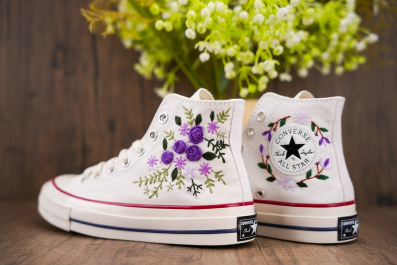 Purple Rose Converse Chuck Taylor Embroidered, Hand Embroidered Converse Custom Wedding Flowers