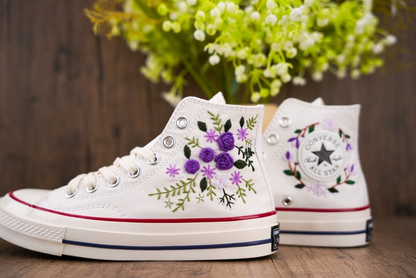 Purple Rose Converse Chuck Taylor Embroidered, Hand Embroidered Converse Custom Wedding Flowers