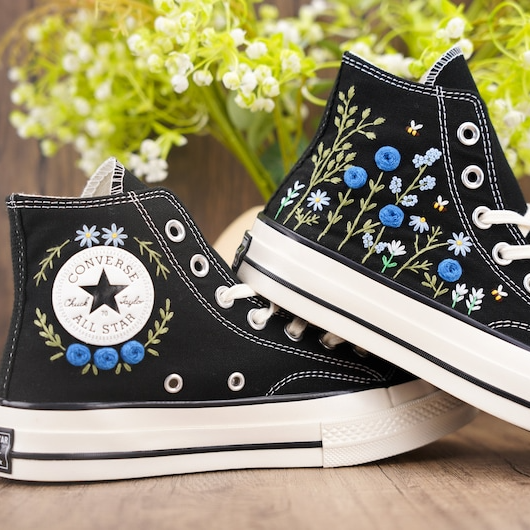 Custom Black Converse Chuck Taylor Embroidered, Blue Rose Flowers Hand Embroidered Converse