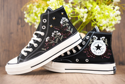 Custom Black Converse Chuck Taylor Embroidered, Baby's Breath Flowers Hand Embroidered Converse