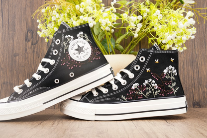 Custom Black Converse Chuck Taylor Embroidered, Baby's Breath Flowers Hand Embroidered Converse