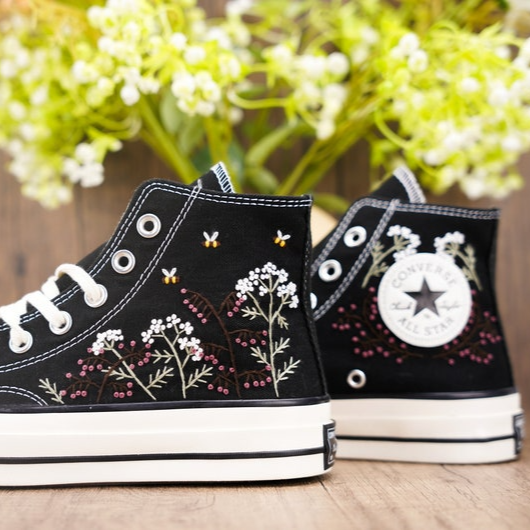 Custom Black Converse Chuck Taylor Embroidered, Baby's Breath Flowers Hand Embroidered Converse