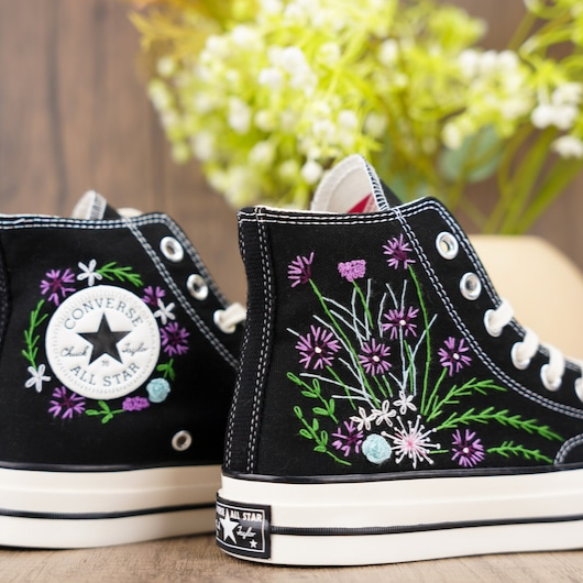 Custom Black Converse Chuck Taylor Embroidered, Purple Wildflower Hand Embroidered Converse