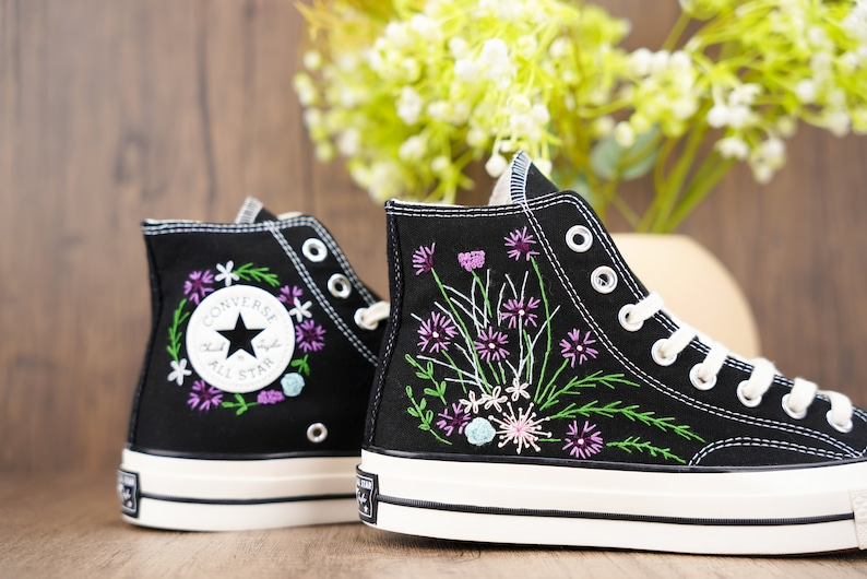 Custom Black Converse Chuck Taylor Embroidered, Purple Wildflower Hand Embroidered Converse