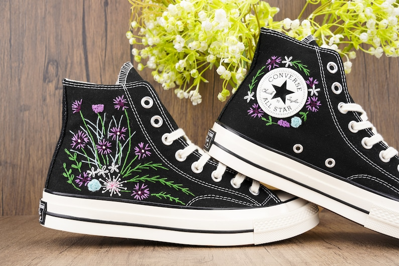 Custom Black Converse Chuck Taylor Embroidered, Purple Wildflower Hand Embroidered Converse