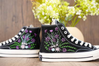 Custom Black Converse Chuck Taylor Embroidered, Purple Wildflower Hand Embroidered Converse