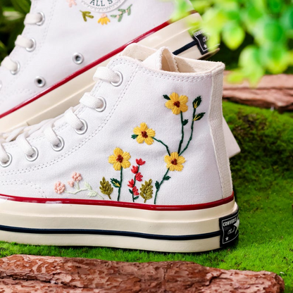 Embroidered Wedding Converse, Bridal Flowers Embroidered Sneakers for Bride, Sunflower Embroidery Shoes for Bride, Wedding Gift for Couple