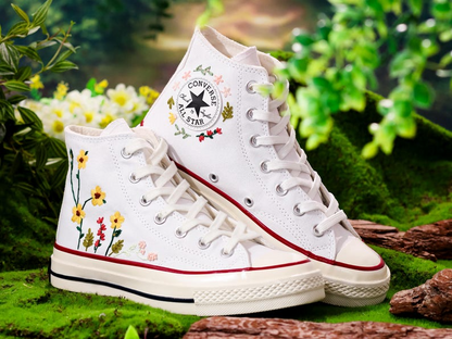 Embroidered Wedding Converse, Bridal Flowers Embroidered Sneakers for Bride, Sunflower Embroidery Shoes for Bride, Wedding Gift for Couple